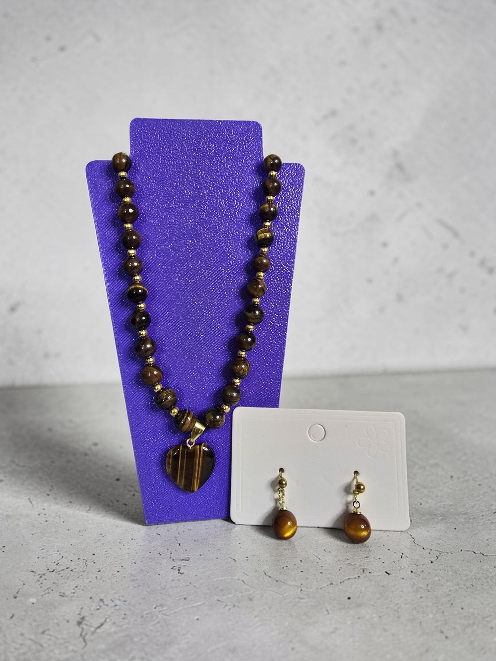 Tiger Eye Heart Pendant Necklace & Earrings Set NEW